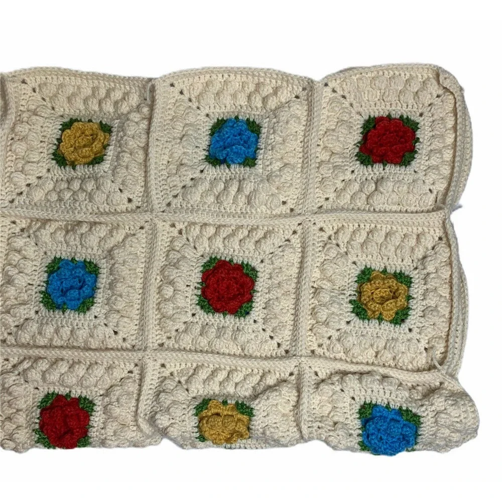 Handmade‎ Granny Square Afghan Throw Blanket Hand Crochet 3D Flowers 51